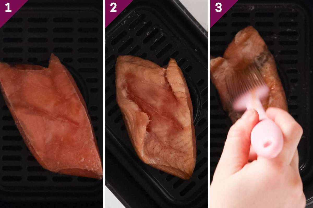 Collage showing how to cook frozen salmon in air fryer.