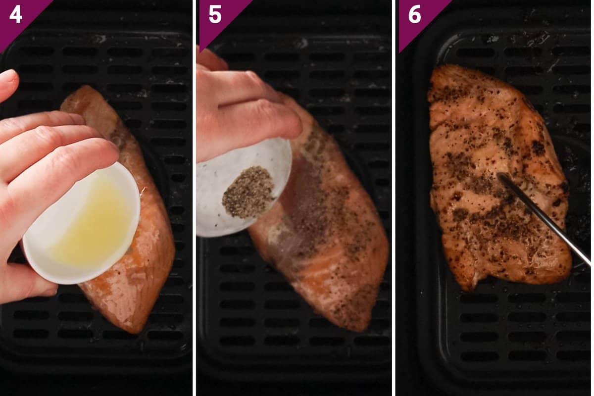 Collage showing how to cook frozen salmon in air fryer.