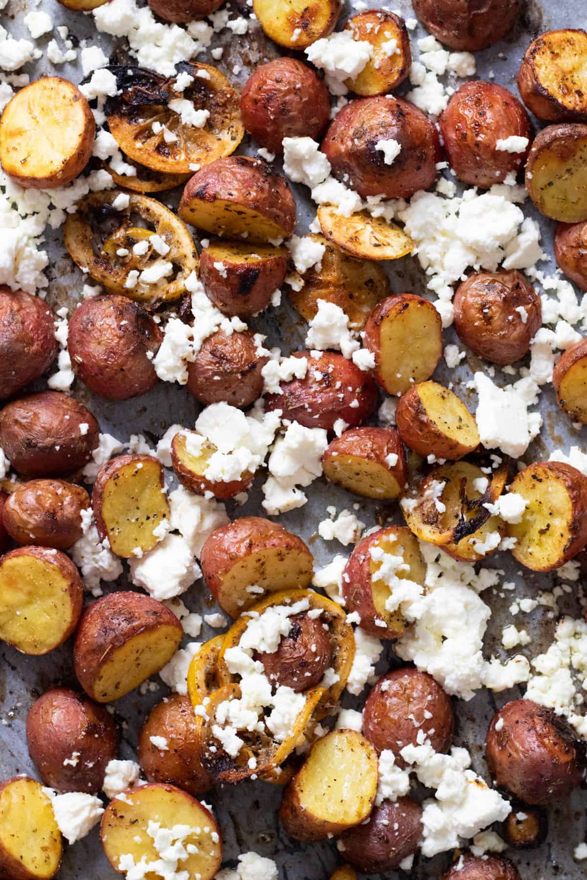 Greek potatoes topped with Feta cheese.