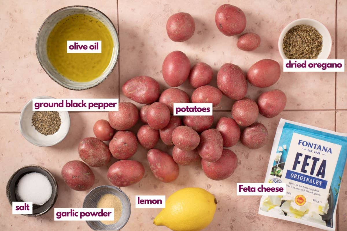 Ingredients needed to make greek potatoes.