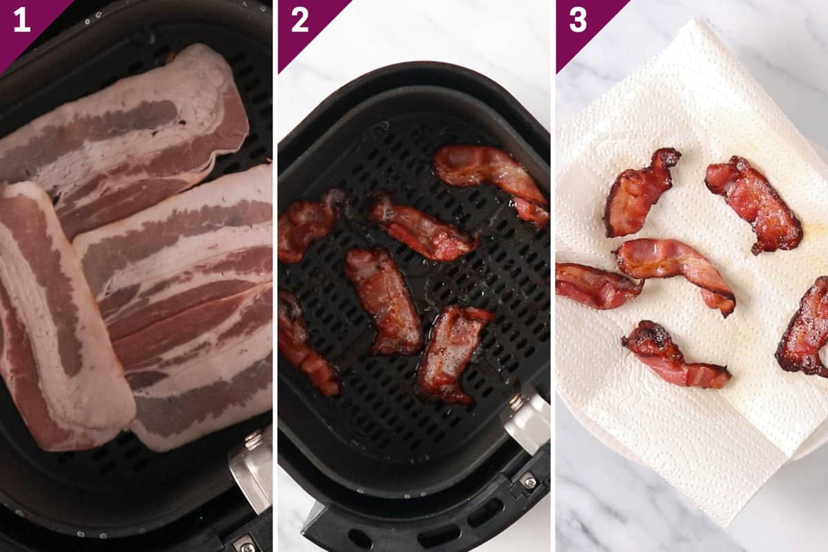 Collage showing how to cook air fryer bacon.
