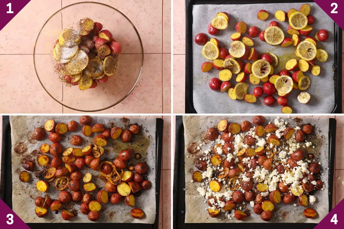 Collage showing how to make Greek potatoes.