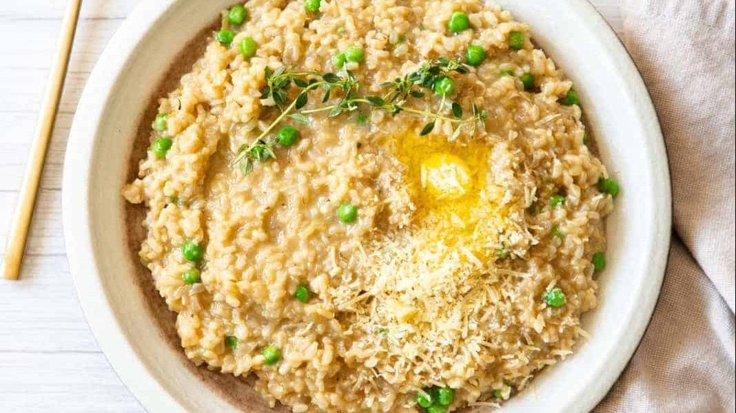 Risotto on a white plate.