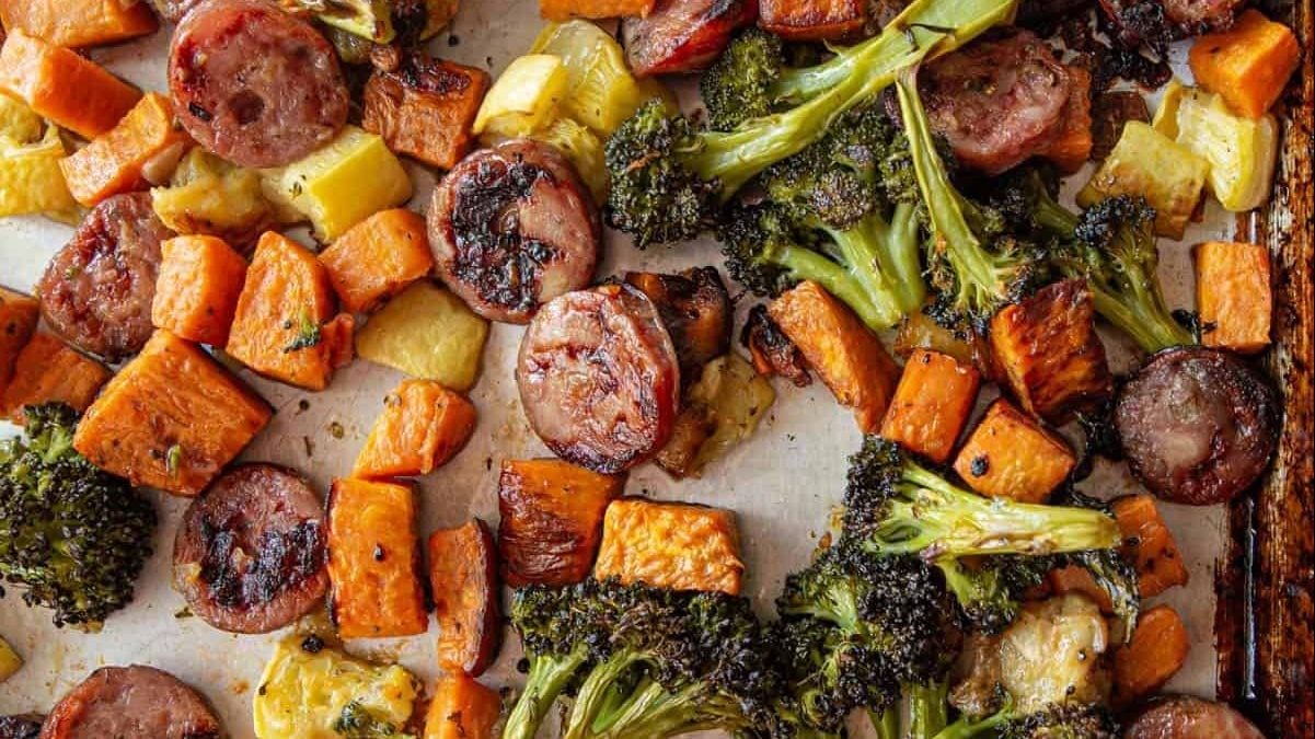 Sheet pan sausage and veggies.