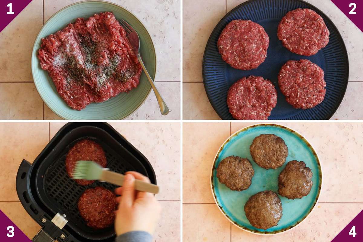 Collage showing how to make hamburgers in air fryer.