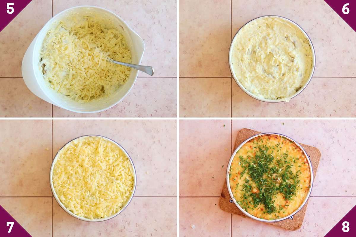 Collage showing how to make leftover boiled potato casserole.