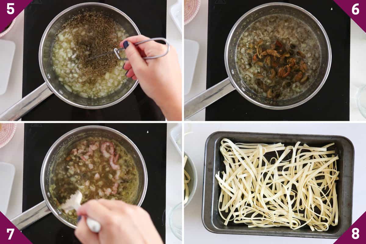 Collage showing how to make seafood pasta bake.