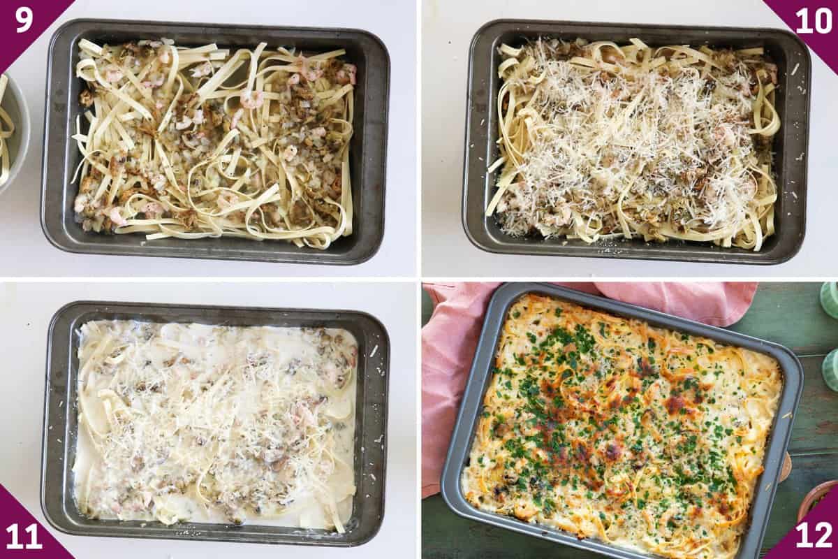 Collage showing how to make seafood pasta bake.