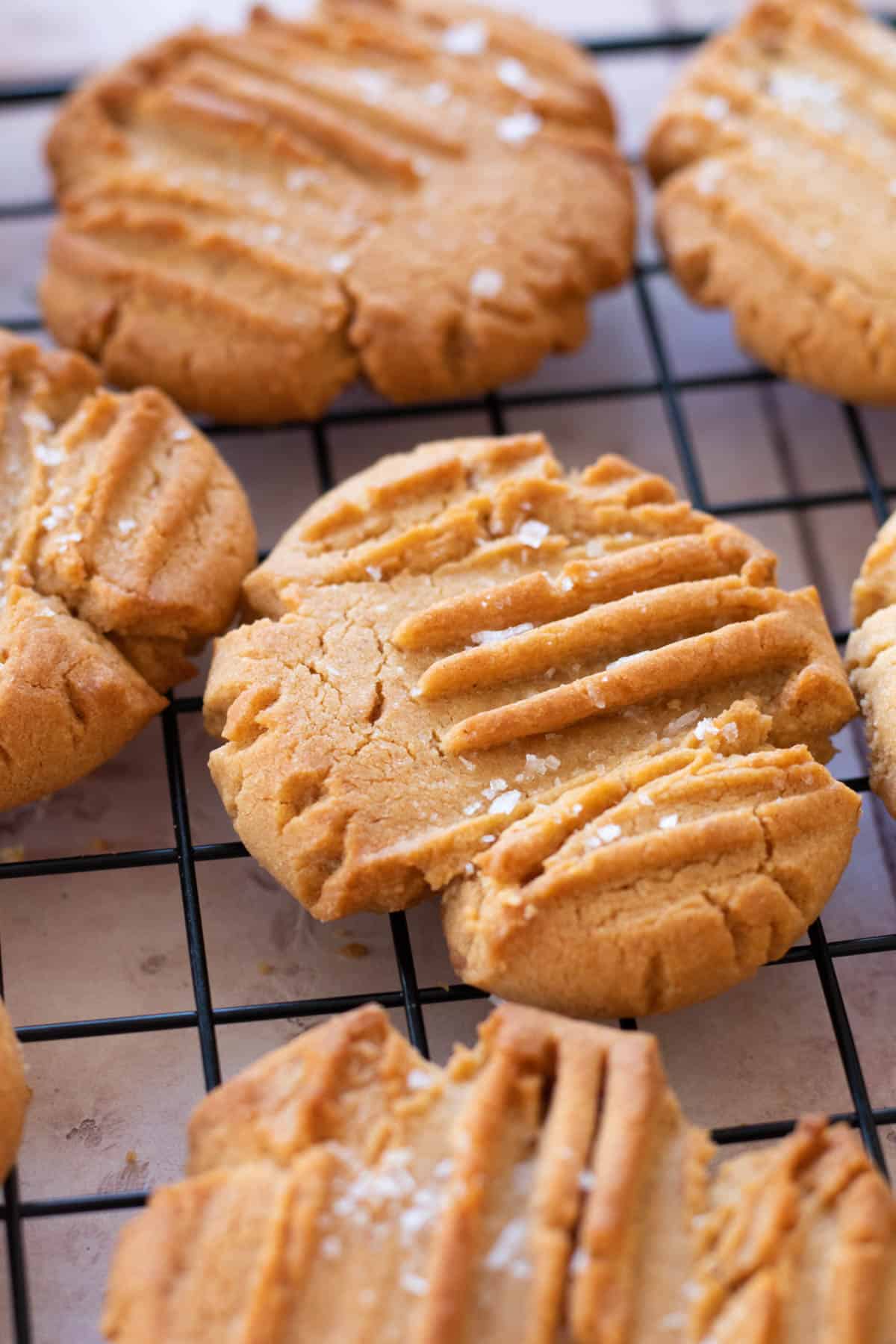 Peanut butter cookies on a wire rack.