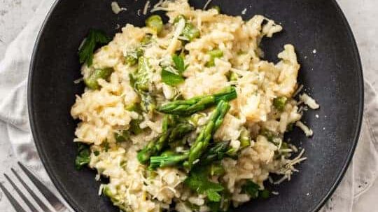 A bowl of instant pot asparagus risotto.