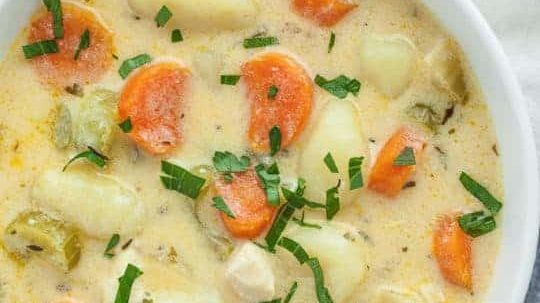 A bowl of gnocchi chicken soup.