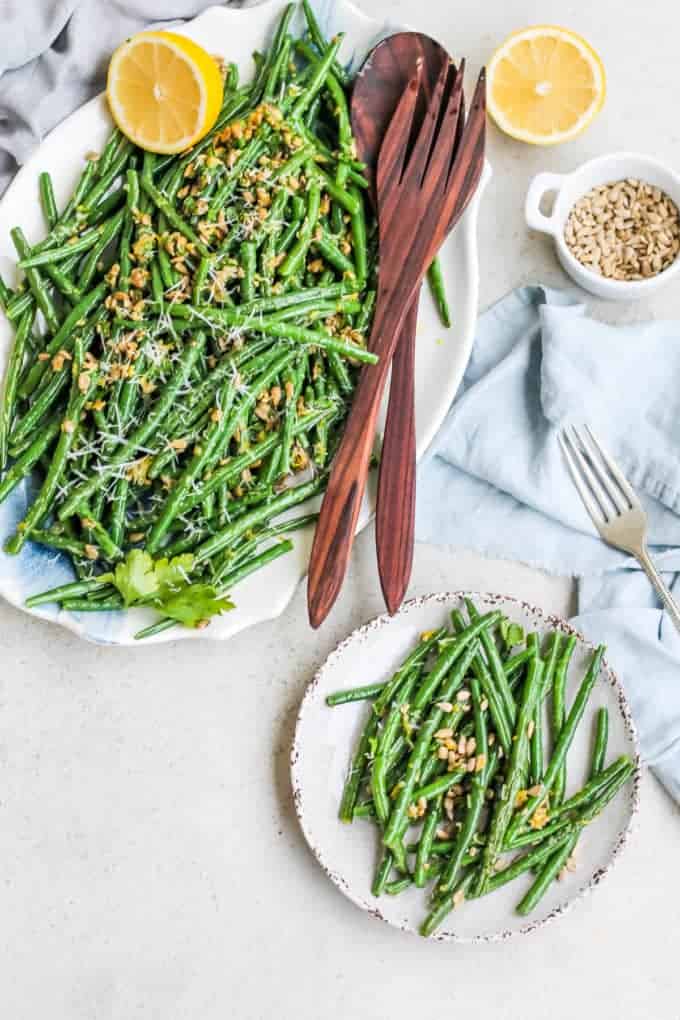 A plate of green beans gremolata.