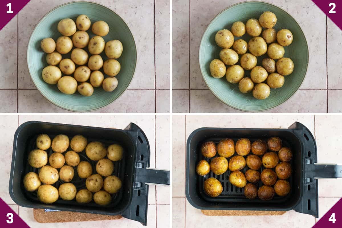 Collage showing how to make air fryer baby potatoes.