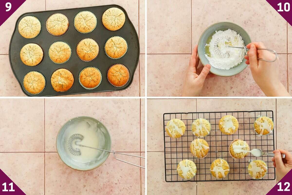 Collage showing how to make Lemon poppy seed muffins.