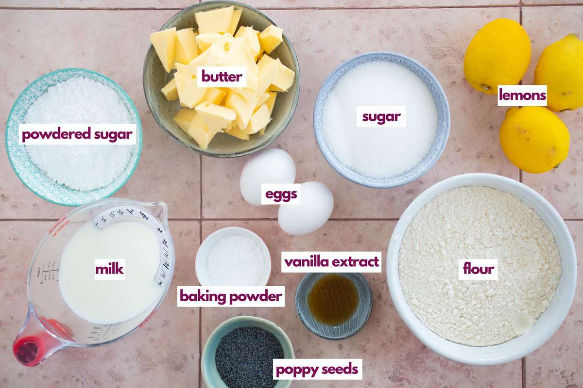 Ingredients for Lemon poppy seed muffins.