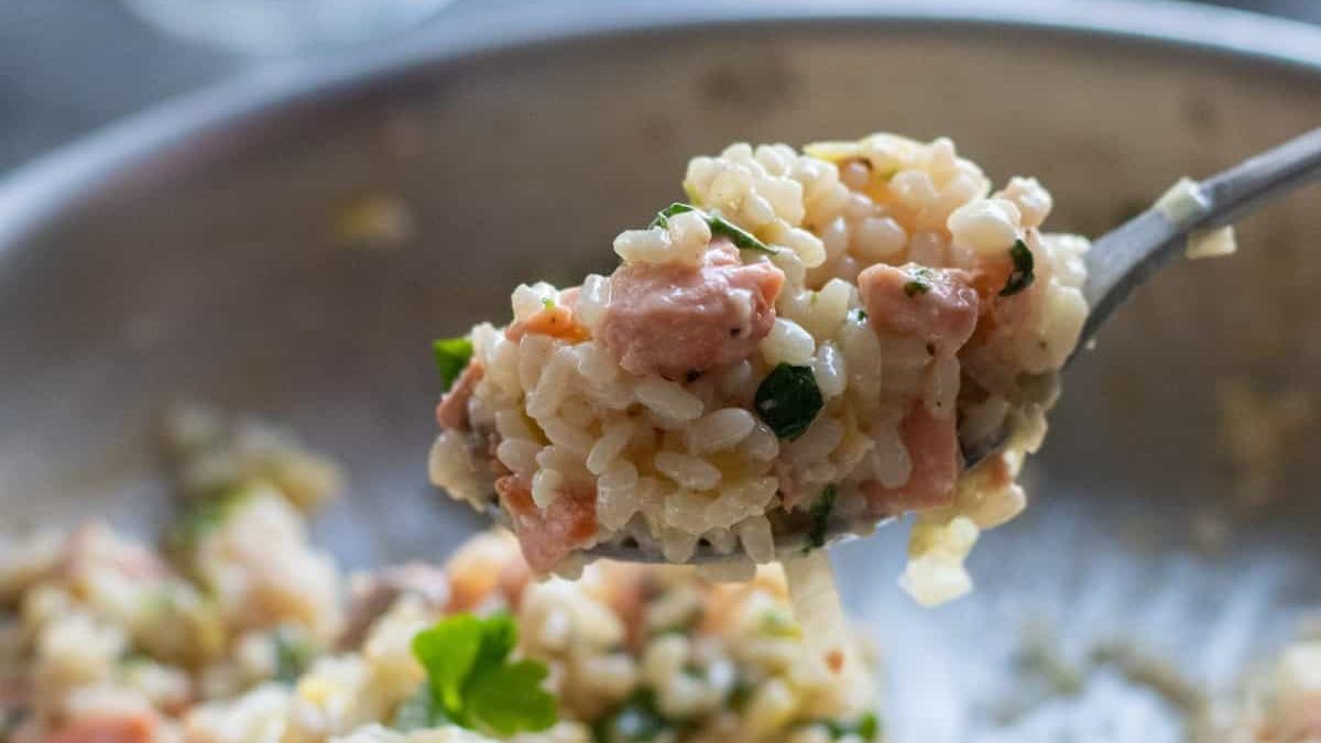 A spoonful of salmon risotto.