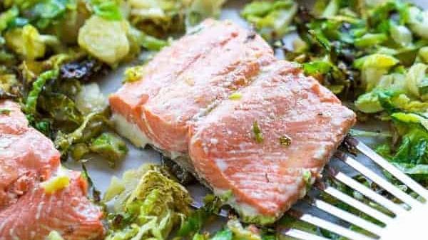Sheet pan salmon with brussels sprouts.