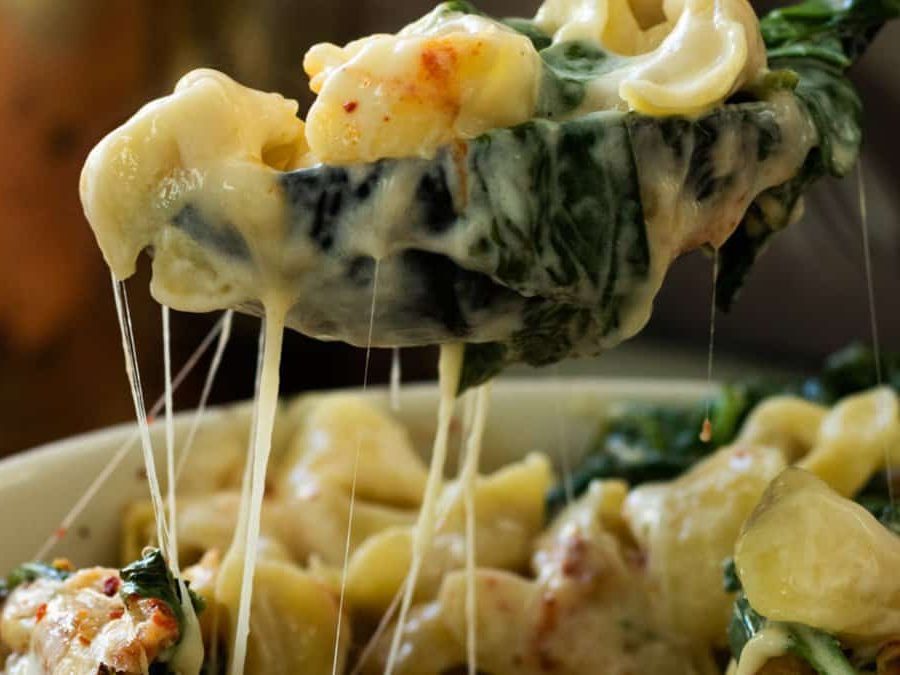 A spoonful of cheesy tortellini casserole.