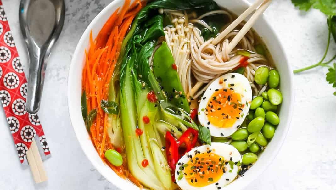 two bowls of vegetable ramen.