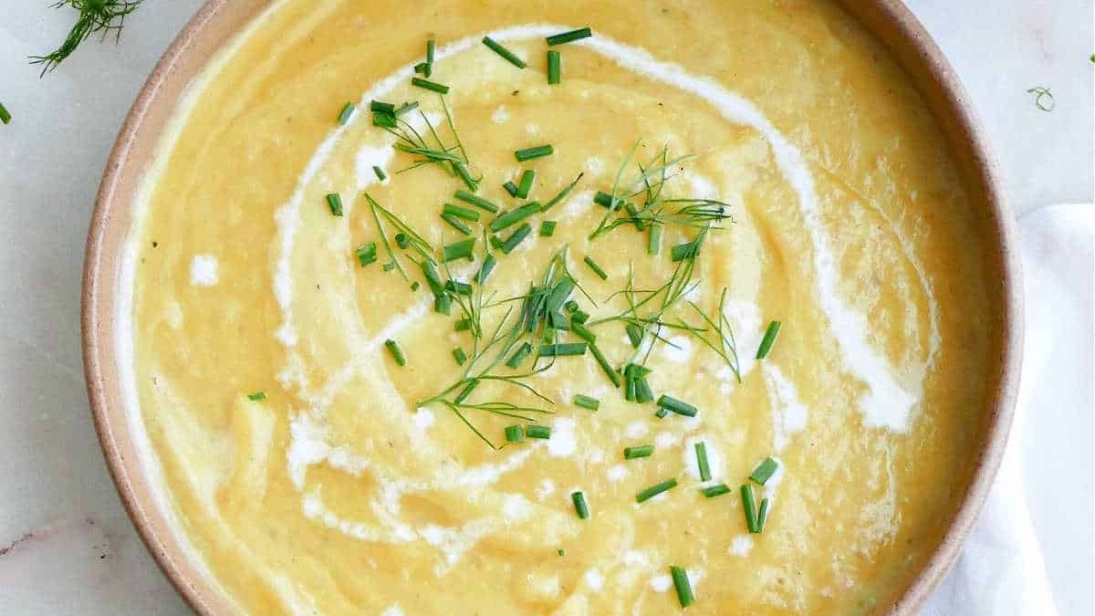 A bowl of fennel, potato and leek soup.