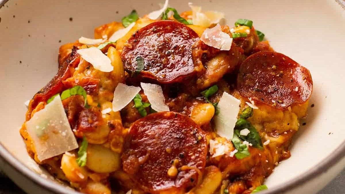 Baked butter beans in a bowl.