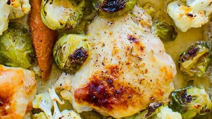 Chicken thighs and vegetables.