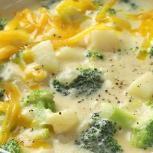 A bowl of hash brown broccoli soup.