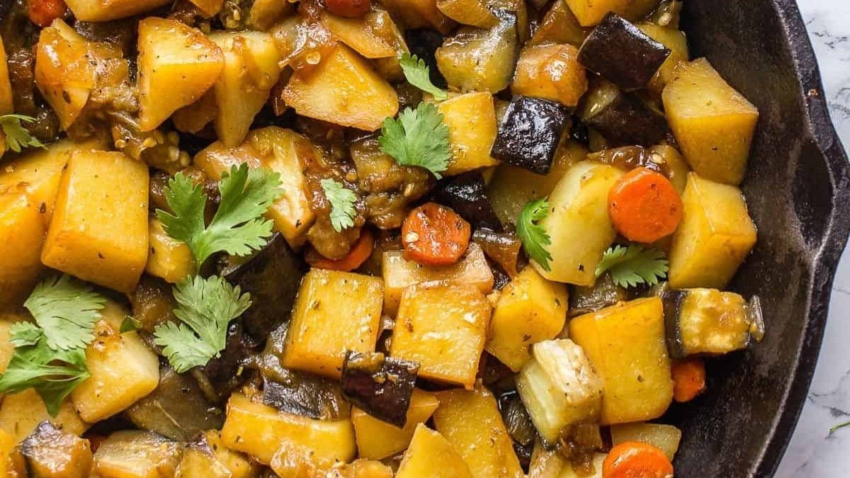 A pan full of eggplant potato stew.