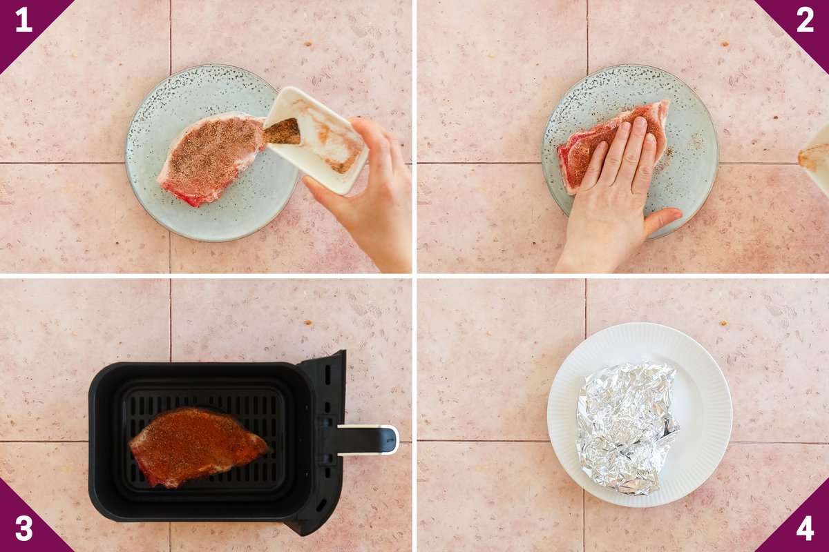 Collage showing how to make air fryer bone in pork chops.