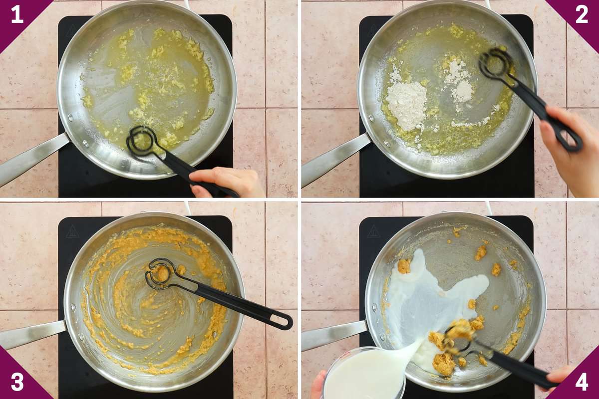 Collage showing how to make garlic parmesan sauce.