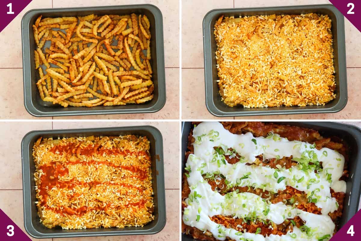 Collage showing how to make leftover french fries casserole.