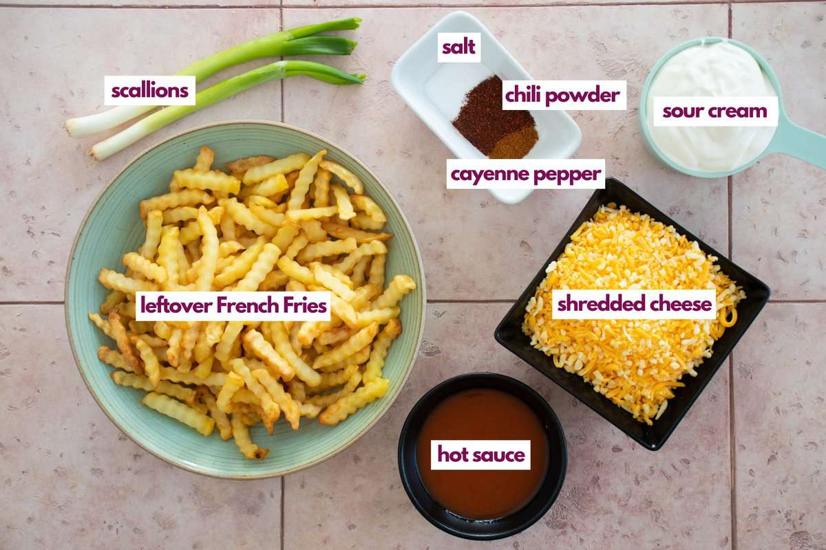 Ingredients needed to make leftover french fries casserole.