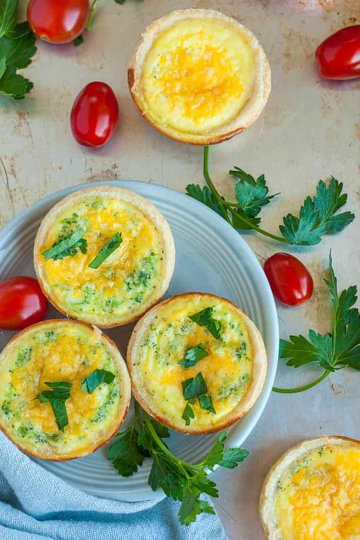 Mini quiches on a plate.
