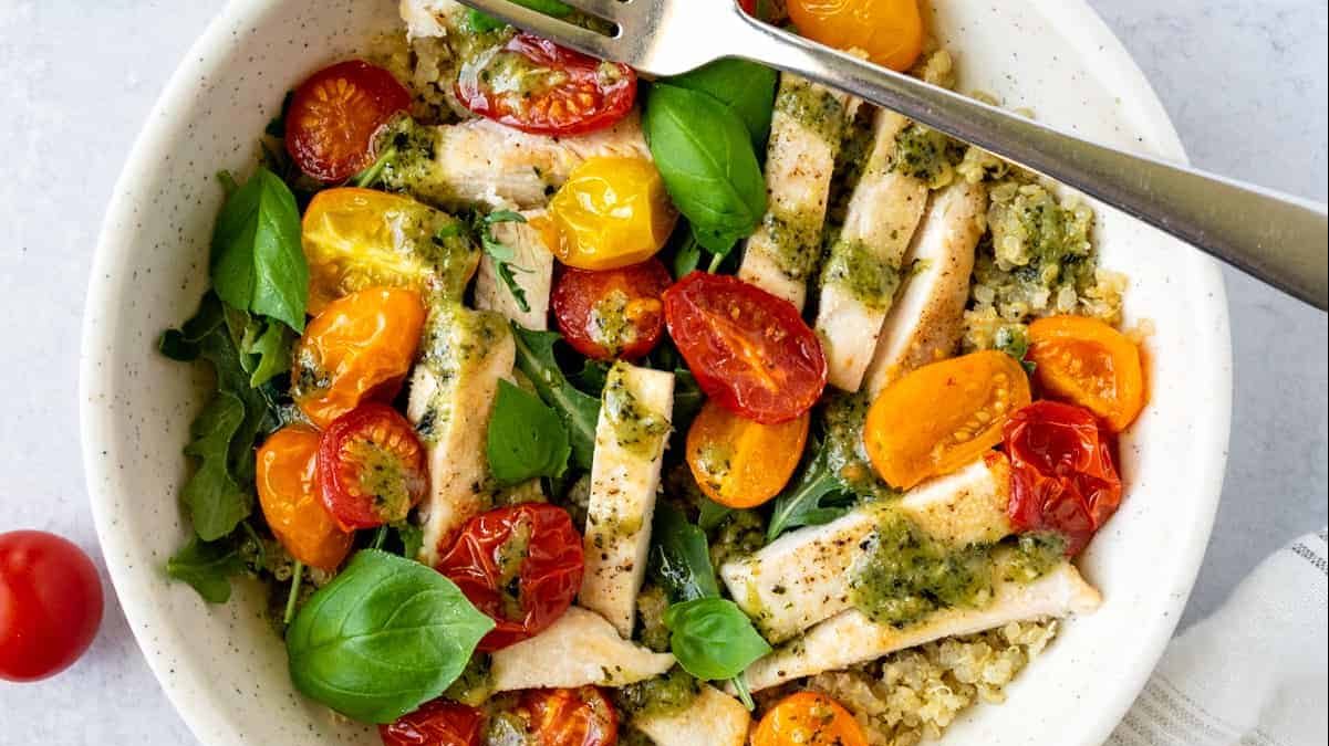 Pesto Chicken Quinoa Bowl.