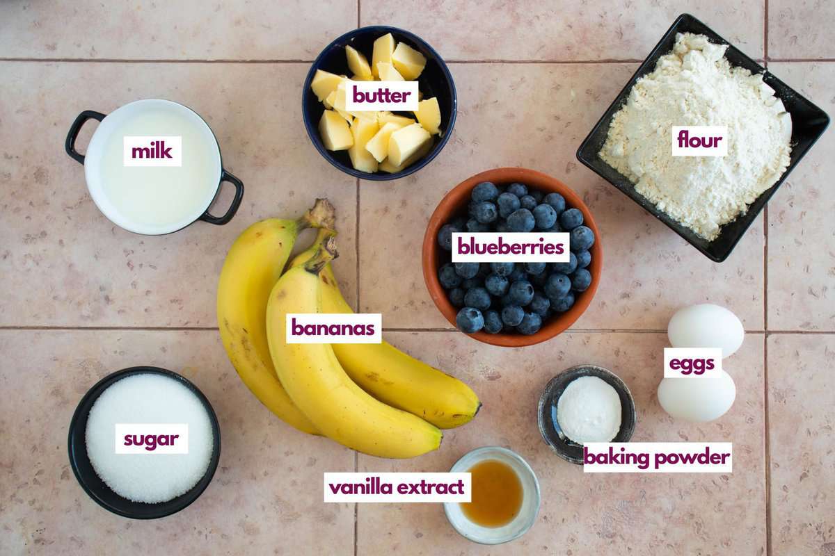 Ingredients for blueberry banana muffins.