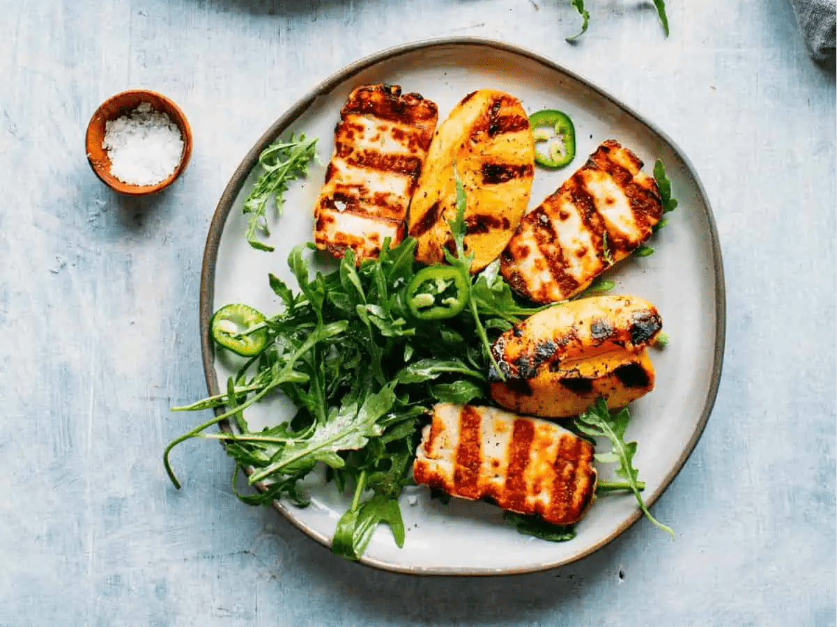 Grilled halloumi and peaches.