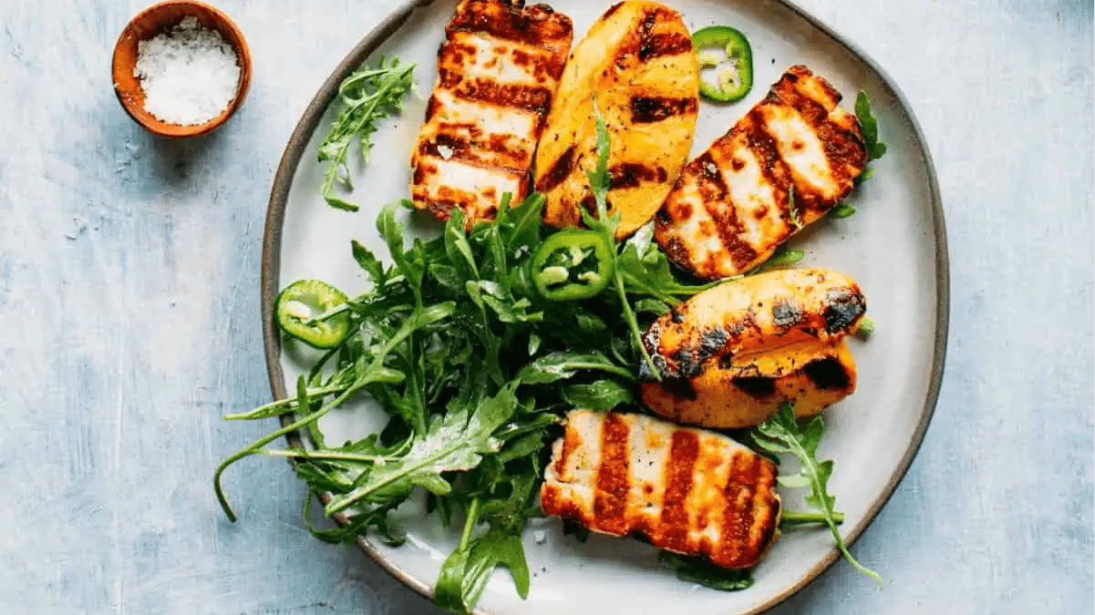 Grilled halloumi and peaches.