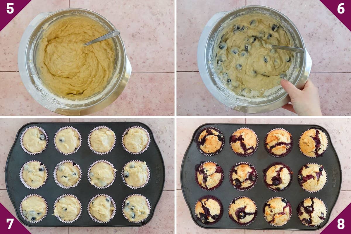 Collage showing how to make blueberry banana muffins.