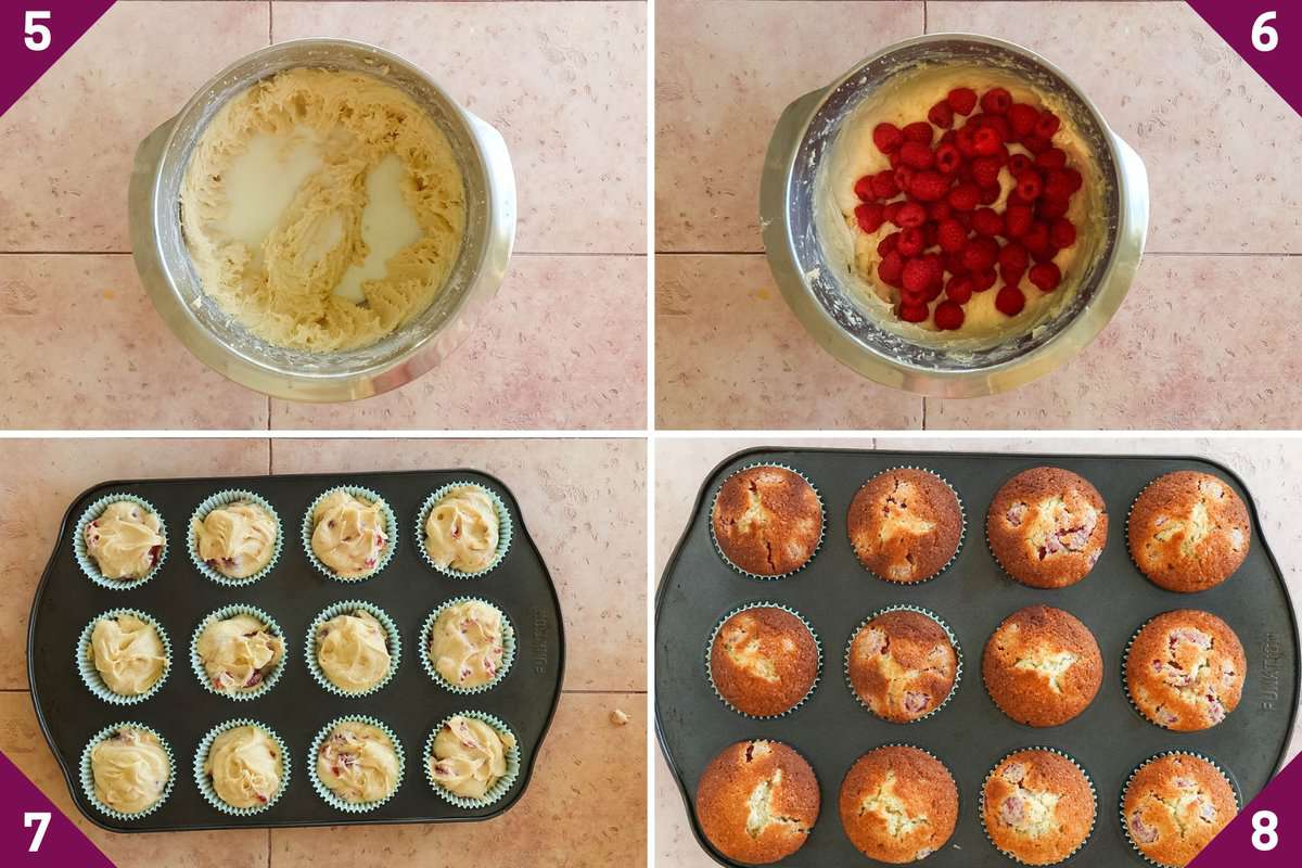 Collage showing how to make raspberry muffins.