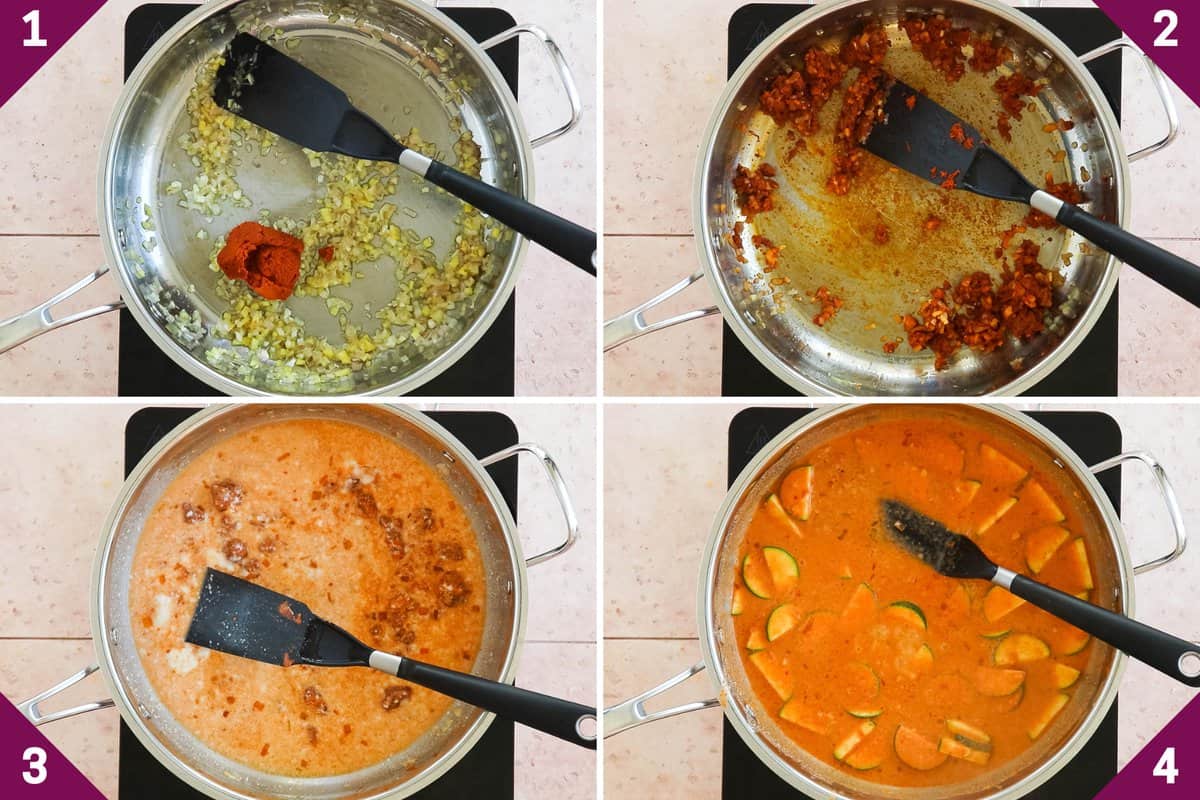 Collage showing how to make shrimp curry.