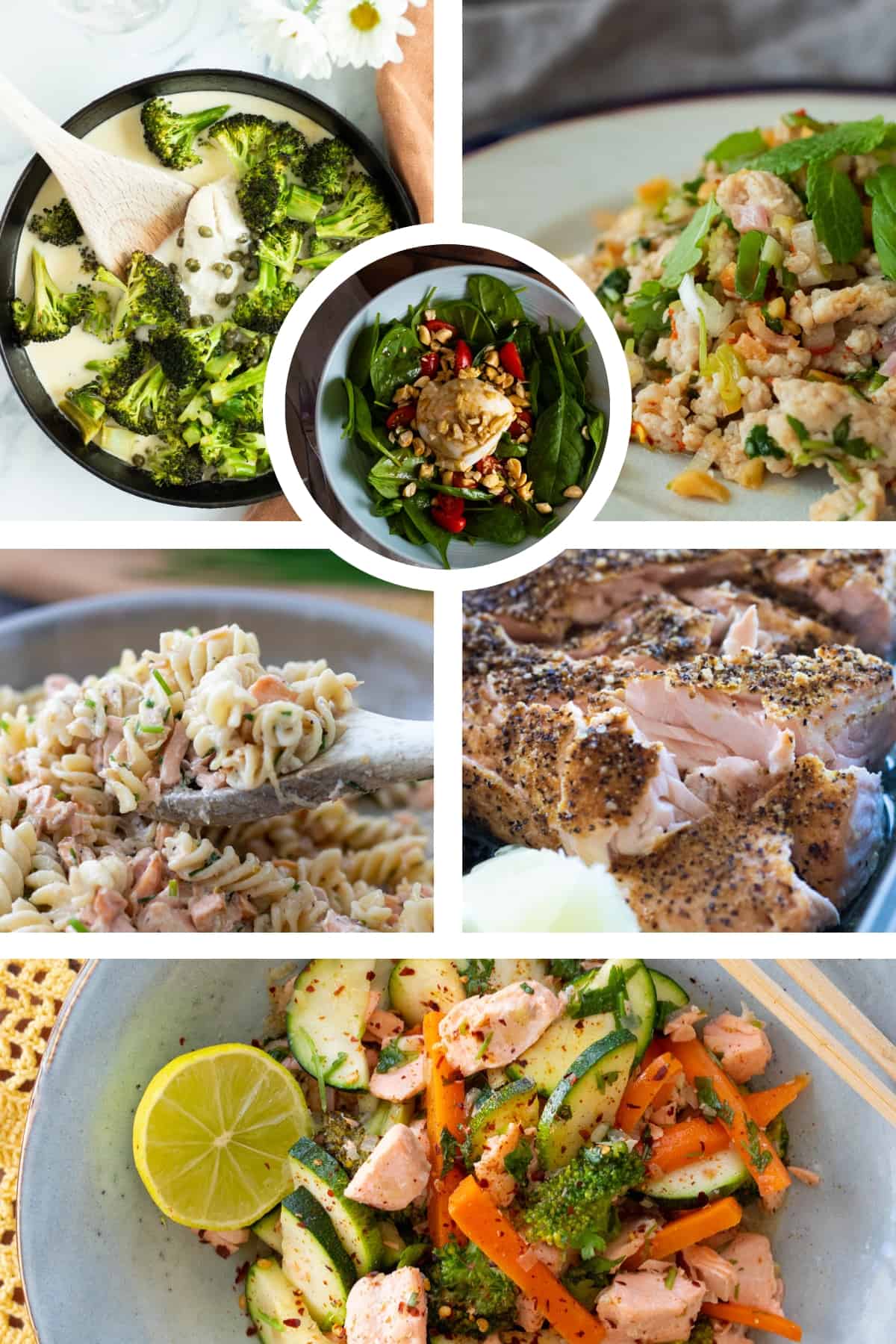 A collage showing different light summer dinner ideas.
