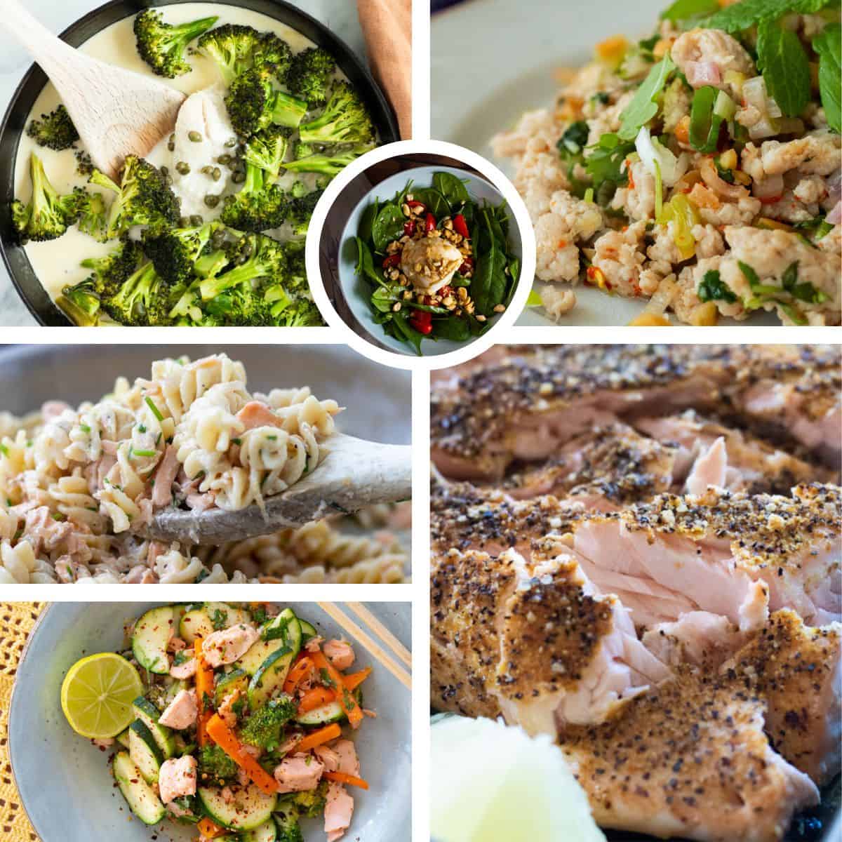 A collage showing different light summer dinner ideas.