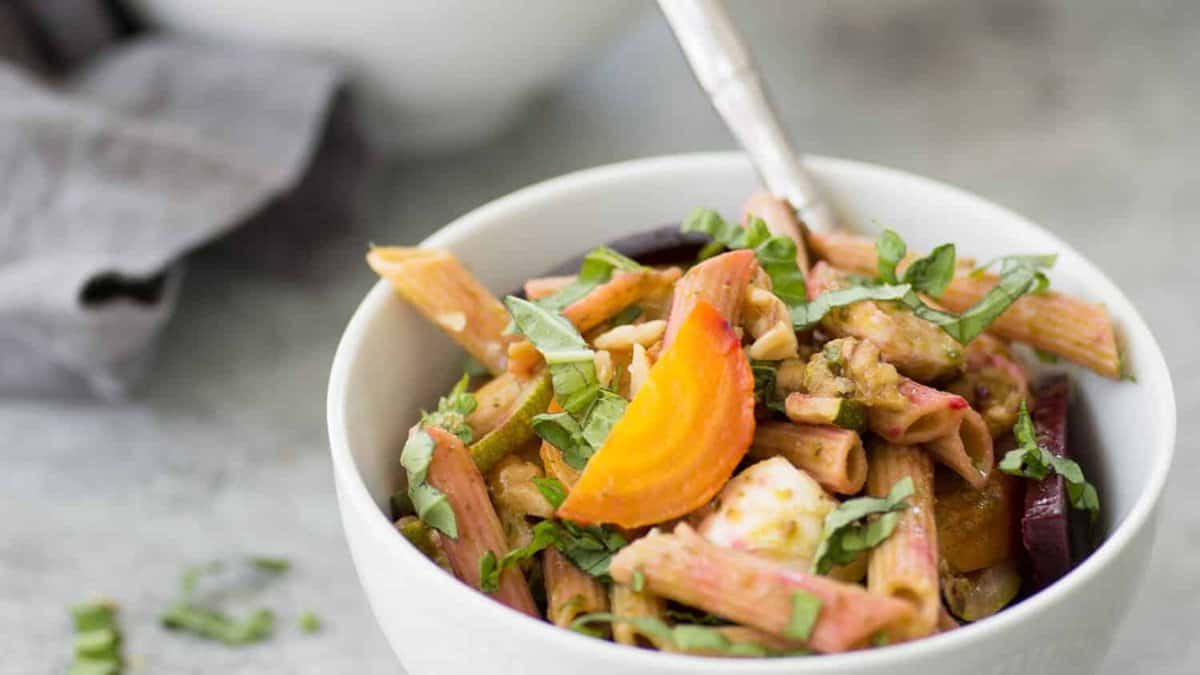 Roasted Beet Pasta Salad with Basil Dressing.