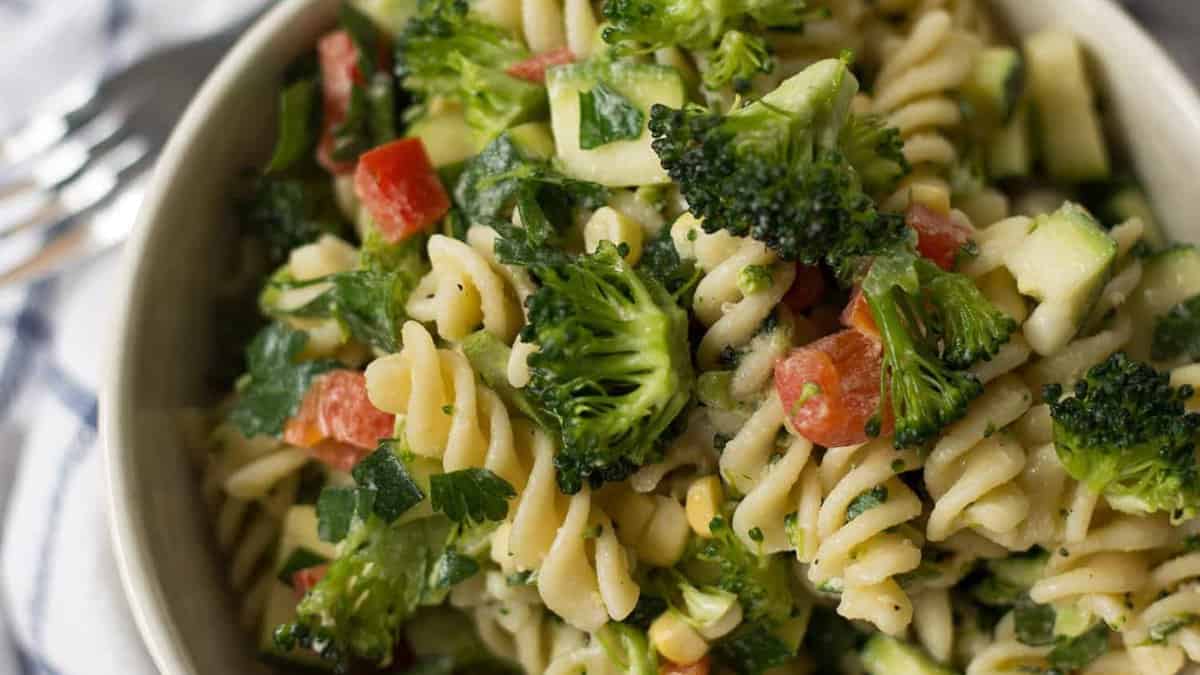 Summer Pasta Salad with Lemon-Tahini Dressing.