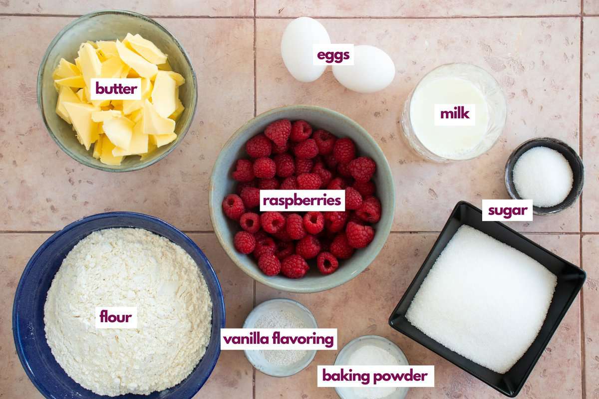 Ingredients needed to make raspberry muffins.