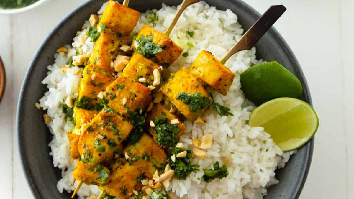 Turmeric Fish Skewers With Herb Sauce and Peanuts