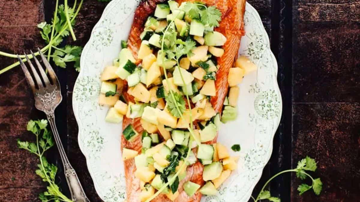 Grilled Salmon with Avocado-Melon-Cucumber Salsa