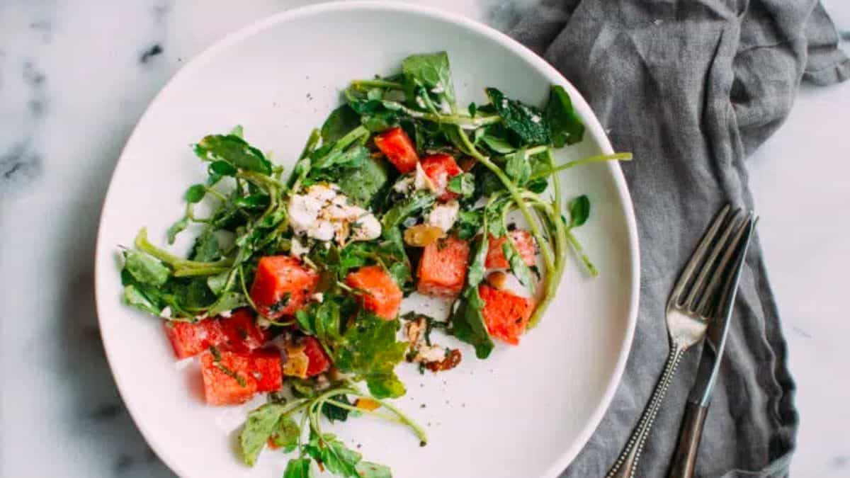 Watermelon Salad with Goat Cheese, Watercress and Mint
