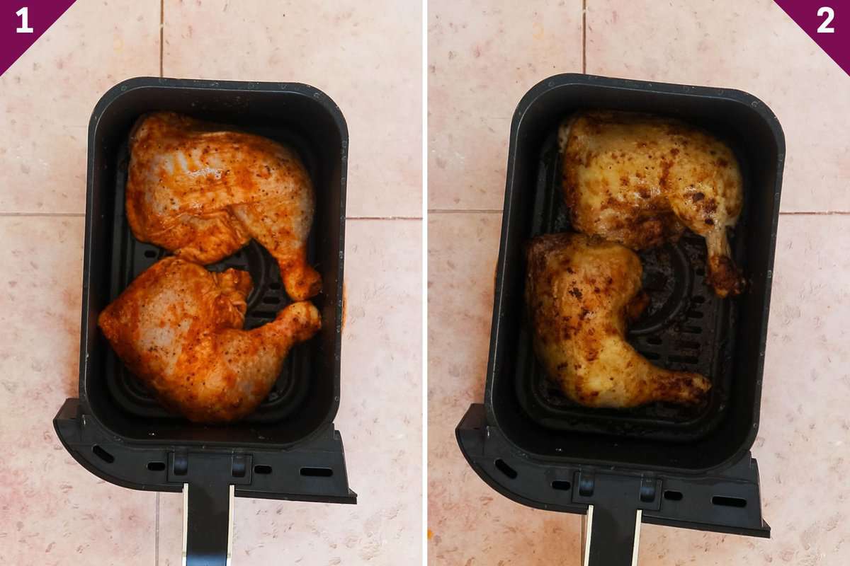 Collage showing how to cook air fryer chicken legs.