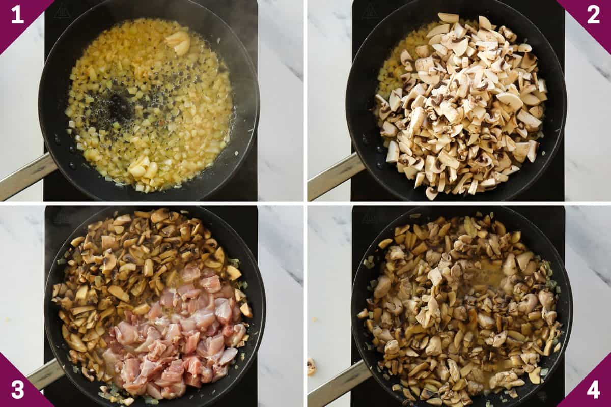 Collage showing how to make creamy chicken pasta.